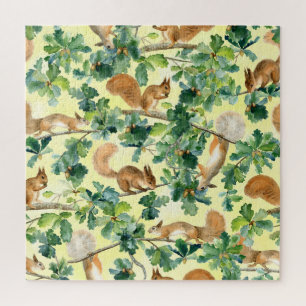 Wasserfarbene Eichhörnchen, nahtloses Eichenmuster Puzzle