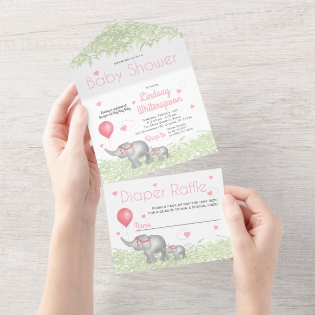 Wasserfarbene Elefanten & Pink Heart Baby Girl Dus All In One Einladung (Abreißen)