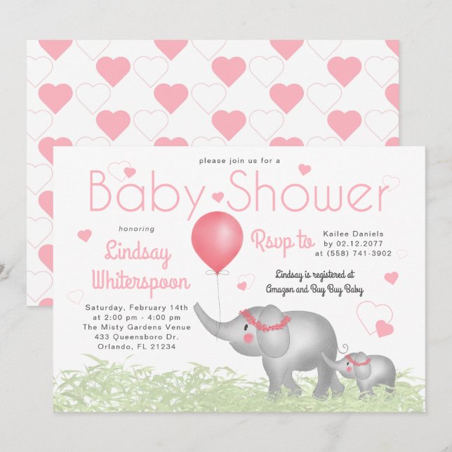 Wasserfarbene Elefanten & Pink Heart Baby Girl Dus Einladung (Vorne/Hinten)