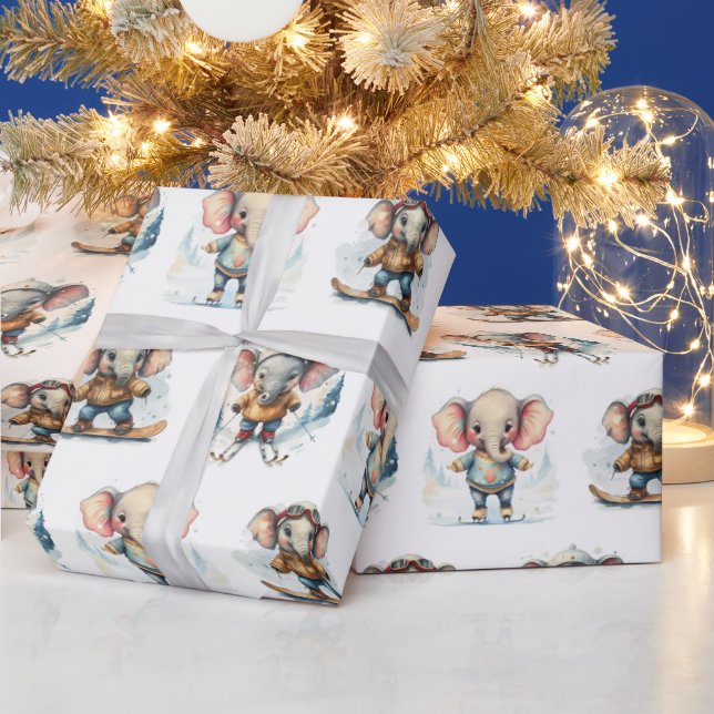 Wasserfarbene Elefanten Wintersport Geschenkpapier (Feiertage)