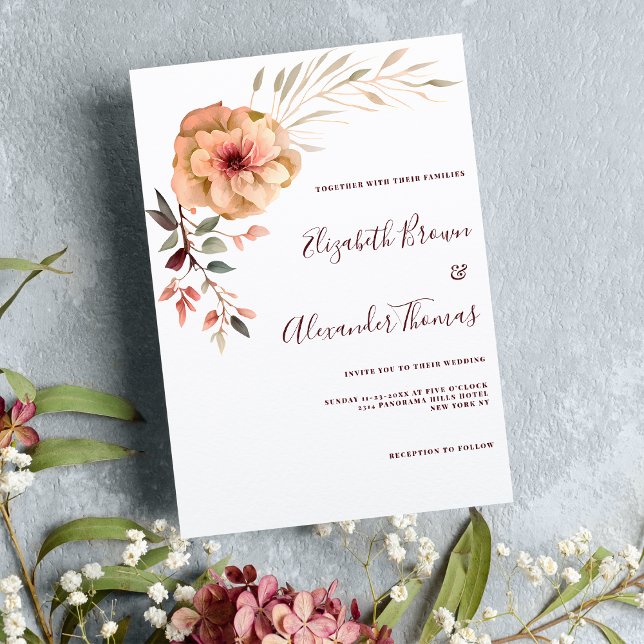 Wasserfarbene Elfenbein Rosa Bordeaux-Minze Blumen Einladung (Watercolor ivory pink burgundy mint floral wedding)