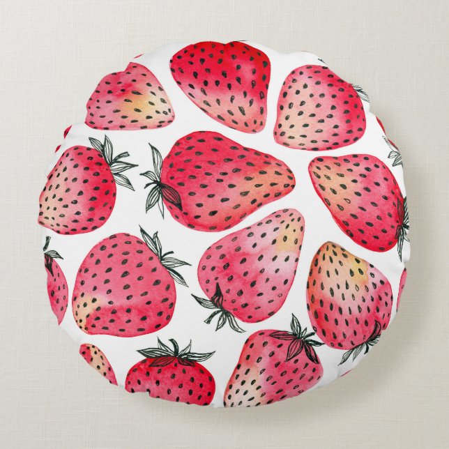 Wasserfarbene Erdbeeren Muster. Rundes Kissen (Vorderseite)