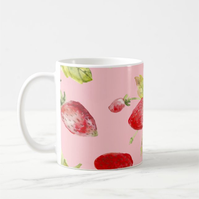 Wasserfarbene Erdbeeren, nahtlos, fruchtig. Kaffeetasse (Links)