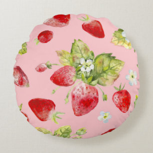 Wasserfarbene Erdbeeren, nahtlos, fruchtig. Rundes Kissen