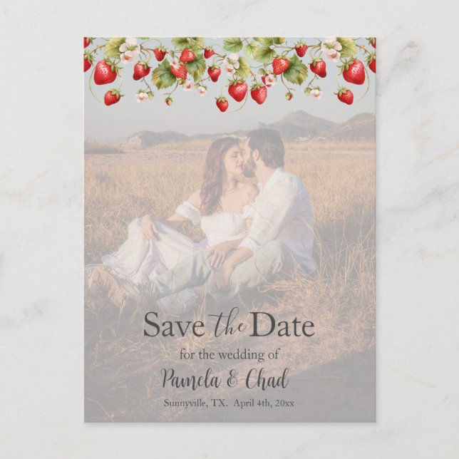 Wasserfarbene Erdbeeren Save the Date Foto Postkarte (Vorderseite)