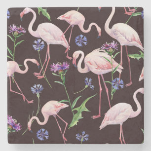 Wasserfarbene Flamingos und wilde Blumen Muster. Steinuntersetzer