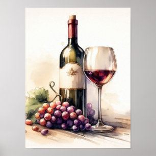Wasserfarbene Flasche und Trauben Poster