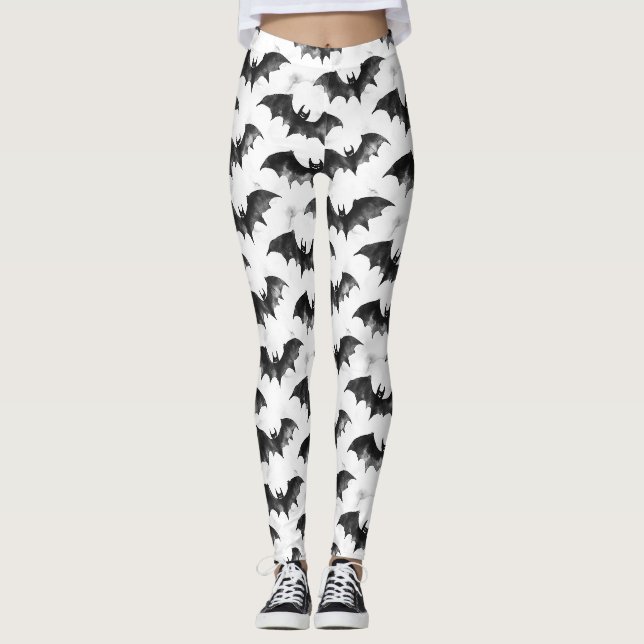 Wasserfarbene Fledermäuse im Flug Halloween-Muster Leggings (Vorderseite)