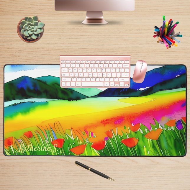 Wasserfarbene Flora und Fauna Schreibtischunterlage (California Poppy Wildflower Floral Personalized Desk Mat. Brighten your day with this beautiful art!)