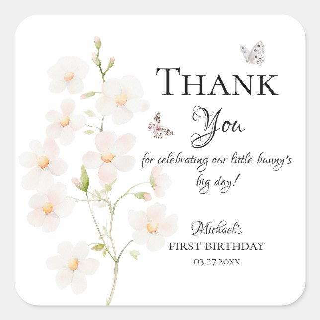 Wasserfarbene florale Hasen-Partygeschenk-Etikette Quadratischer Aufkleber (Vorderseite)