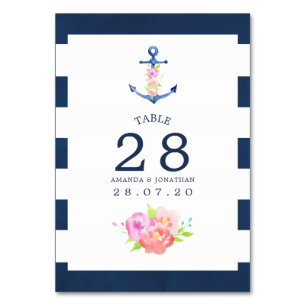 Wasserfarbene florale nautische Hochzeitstisch-Num Tischnummer