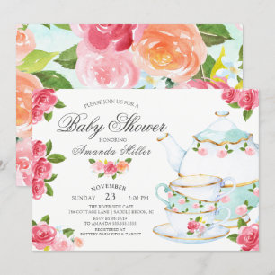 Wasserfarbene Florale Teeparty-Baby-Party Einladung