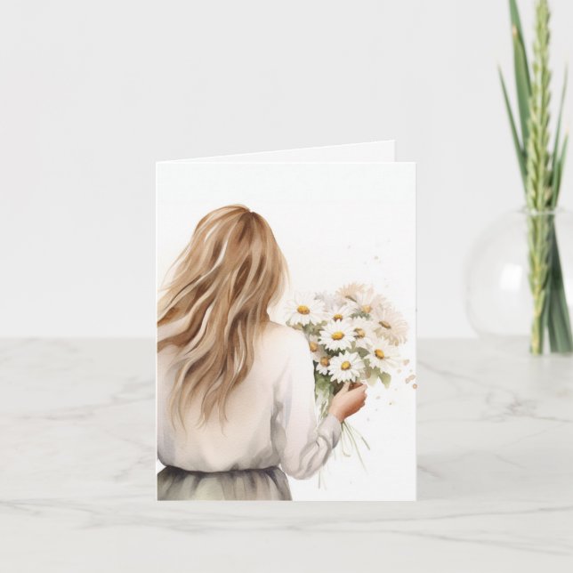 Wasserfarbene Frau mit Daisy Karte (Vorderseite)