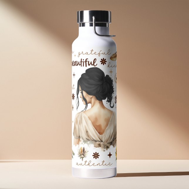 Wasserfarbene Frau mit schwarzem Haar Boho Affirma Trinkflasche (Von Creator hochgeladen)