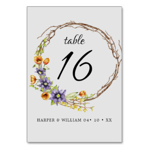 Wasserfarbene Frühlingsblumen auf Hochzeit Tischnummer