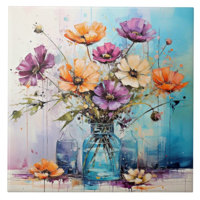 Wasserfarbene Frühlingsblumen Fliese (Vorderseite)