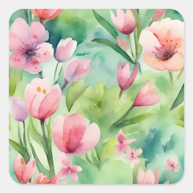 Wasserfarbene Frühlingsblumen Quadratischer Aufkleber (Vorderseite)