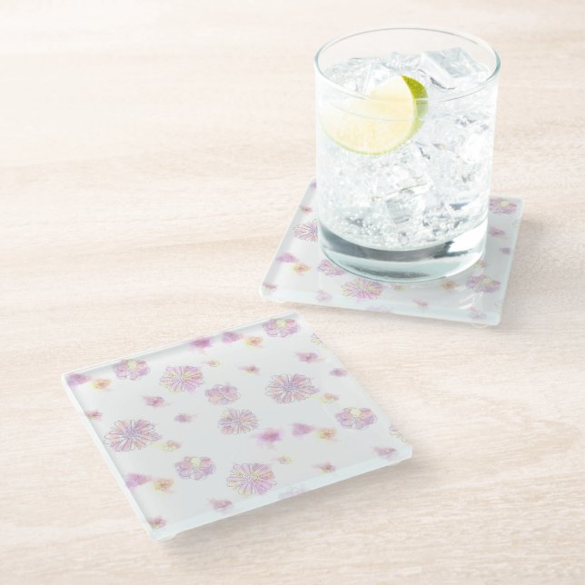 Wasserfarbene Frühlingsblumen Untersetzer aus Glas (Schrägansicht)
