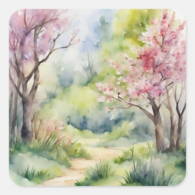 Wasserfarbene Frühlingslandschaft Quadratischer Aufkleber (Vorderseite)