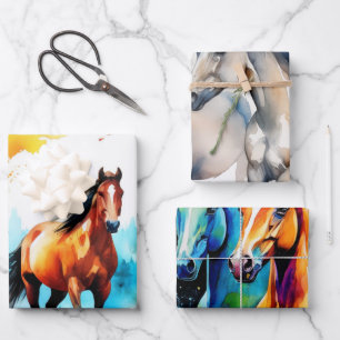 Wasserfarbene Galopp Pferde im Freien Geschenkpapier Set