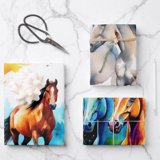 Wasserfarbene Galopp Pferde im Freien Geschenkpapier Set (Vorderseite)