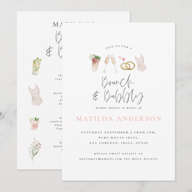 Wasserfarbene Getränke Brunch und Bachelorett Ankündigung (Vorne/Hinten)