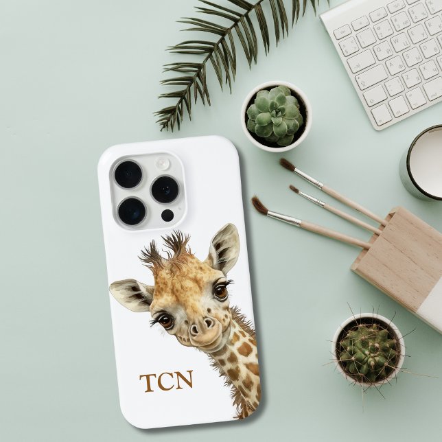 Wasserfarbene Giraffe mit Monogramm-Anfangsbuchsta Case-Mate iPhone Hülle (Giraffe Monogram Initials iPhone case Samsung case.)