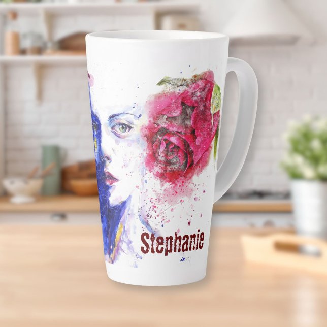 Wasserfarbene Girl mit Rose Milchtasse (Watercolor Girl with Rose Latte Mug)