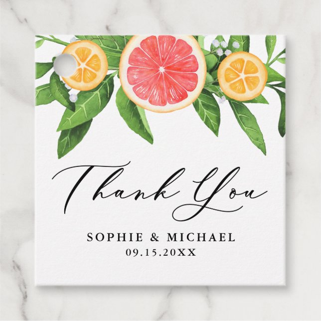 Wasserfarbene Grapefruits und Orangen Sommerhochze Geschenkanhänger (Vorderseite)