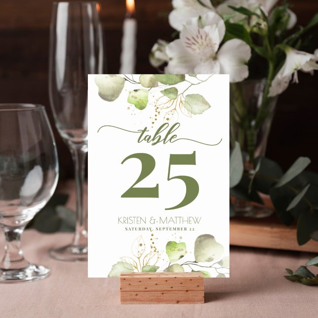 Wasserfarbene Grünanlagen und Gärten Tischnummer (Greenery watercolor gold foliage design table number card is perfect for your wedding reception.)