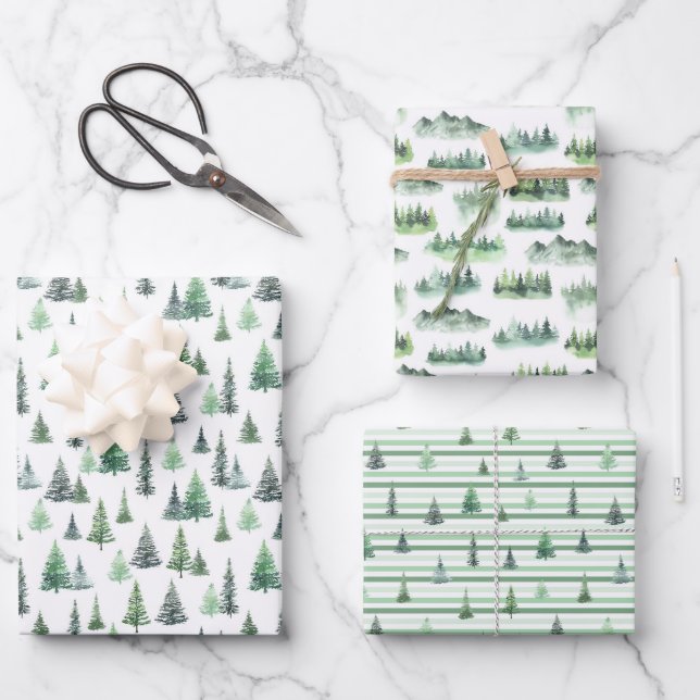 Wasserfarbene, grüne Bäume Waldmuster Geschenkpapier Set (Vorderseite)