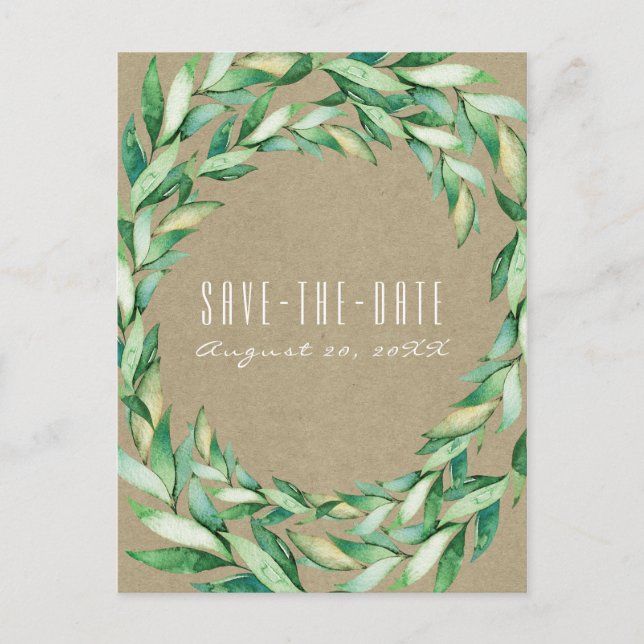 Wasserfarbene grüne Blätter Rustikale Kraft Save t Ankündigungspostkarte (Vorderseite)