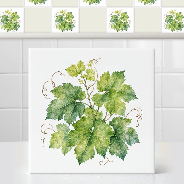 Wasserfarbene grüne Traubenblätter Efeu-Blattmuste Fliese (Vintage Watercolor rustic organic and natural style grape vine leaves custom printed ceramic tiles.)