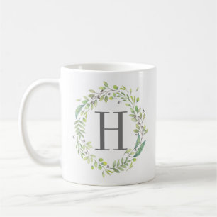 Wasserfarbene Grünkrone und Monogramm Kaffeetasse