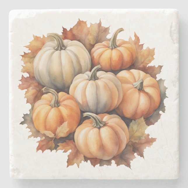 Wasserfarbene Herbstpumpen mit Blätter Steinuntersetzer (Vorderseite)