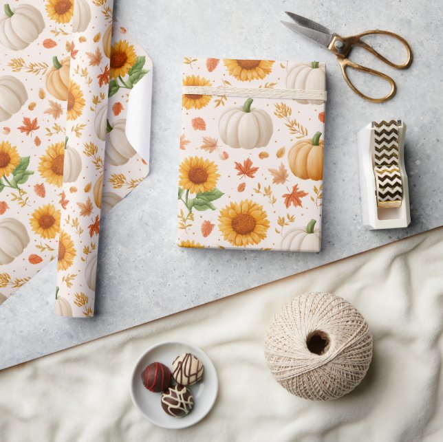 Wasserfarbene Herbstpumpen und Sonnenblumenmuster Geschenkpapier (Kunsthandwerk)