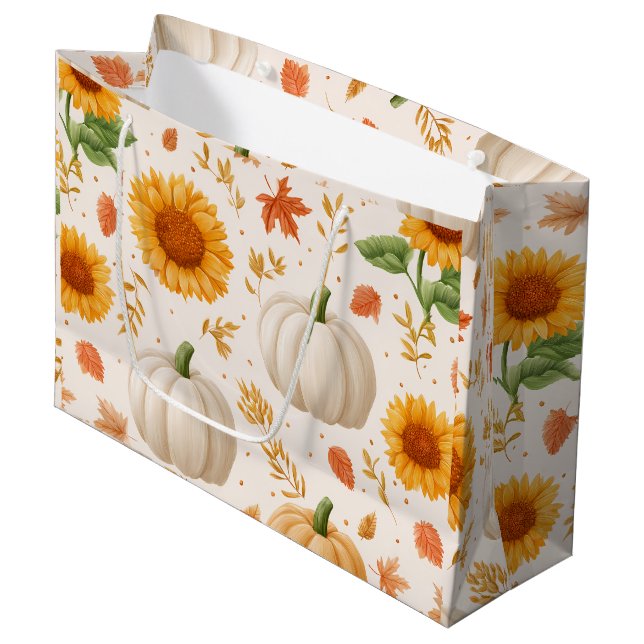 Wasserfarbene Herbstpumpen und Sonnenblumenmuster Große Geschenktüte (Vorderseite Schrägansicht)
