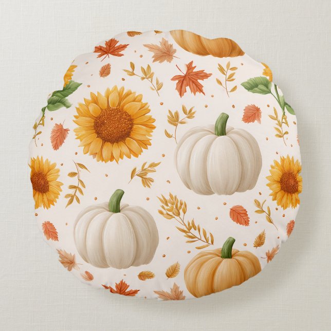 Wasserfarbene Herbstpumpen und Sonnenblumenmuster Rundes Kissen (Vorderseite)