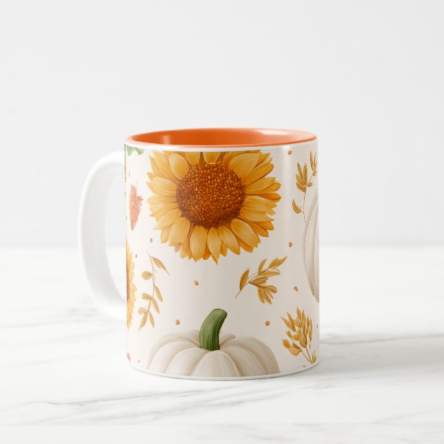 Wasserfarbene Herbstpumpen und Sonnenblumenmuster Zweifarbige Tasse (Vorderseite Links)
