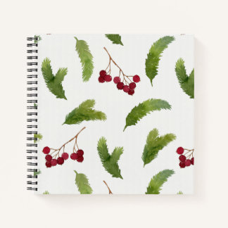 Wasserfarbene Kiefernzweige und rote Berries Muste Notizbuch