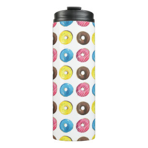 Wasserfarbene kleine Donuts, nahtloses Muster. Thermosbecher