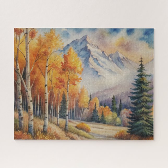 Wasserfarbene Landschaft Herbstwald mit Berg Puzzle (Horizontal)