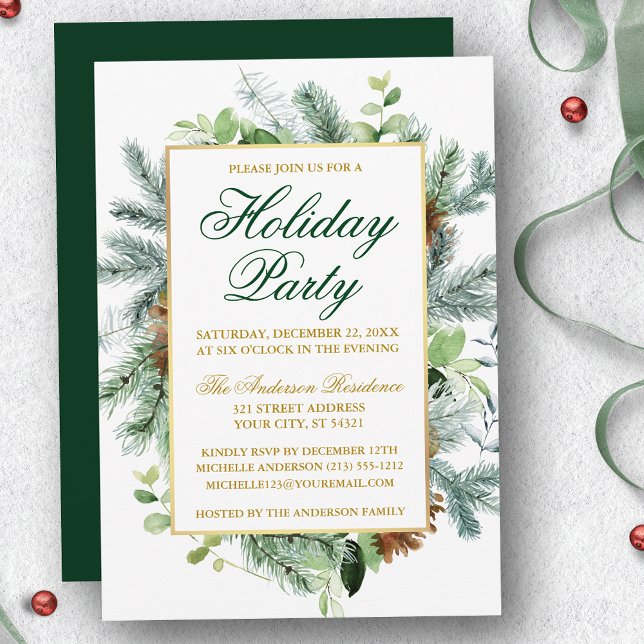 Wasserfarbene Landschaft Pine Holiday Party Gold Einladung (Customize to change text color, size, style or to change color of back of card.)