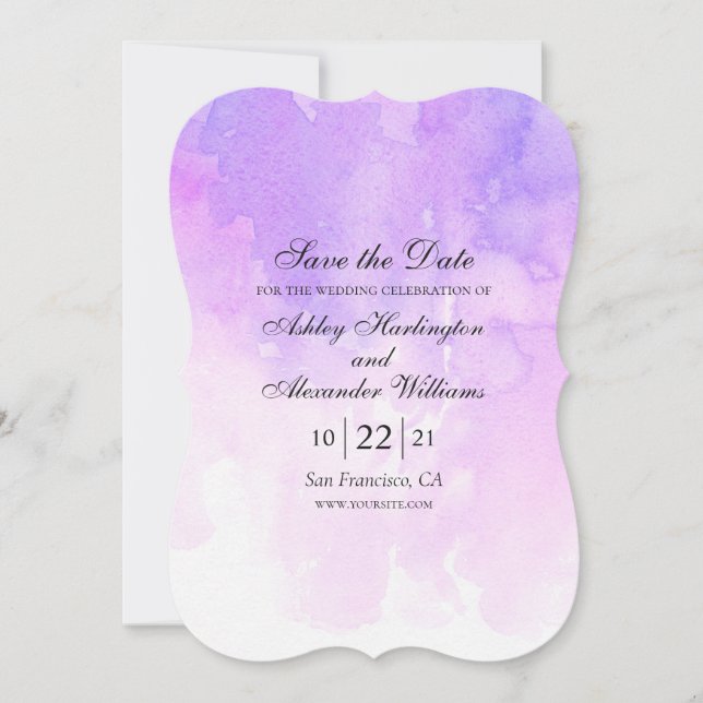 Wasserfarbene lila Hochzeit. Romantischer Lavendel Save The Date (Vorderseite)