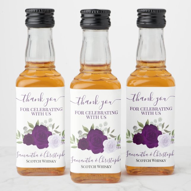 Wasserfarbene Lila Rose Hochzeit Danke Mini Alkoholflaschenetikett (Flaschen)