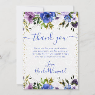 Wasserfarbene lila und blaue Blumen Geburtstag Dankeskarte