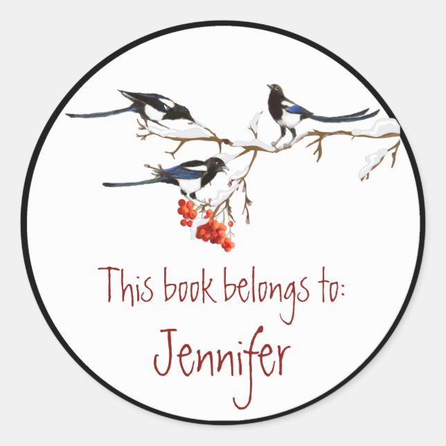 Wasserfarbene Magpie Birds Naturbibliothek Buchung Runder Aufkleber (Vorderseite)