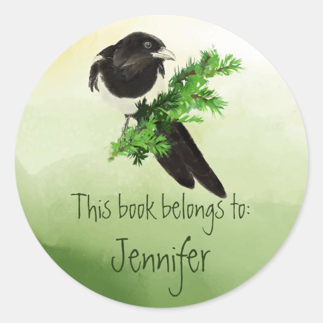 Wasserfarbene Magpie Birds Naturbibliothek Buchung Runder Aufkleber (Vorderseite)