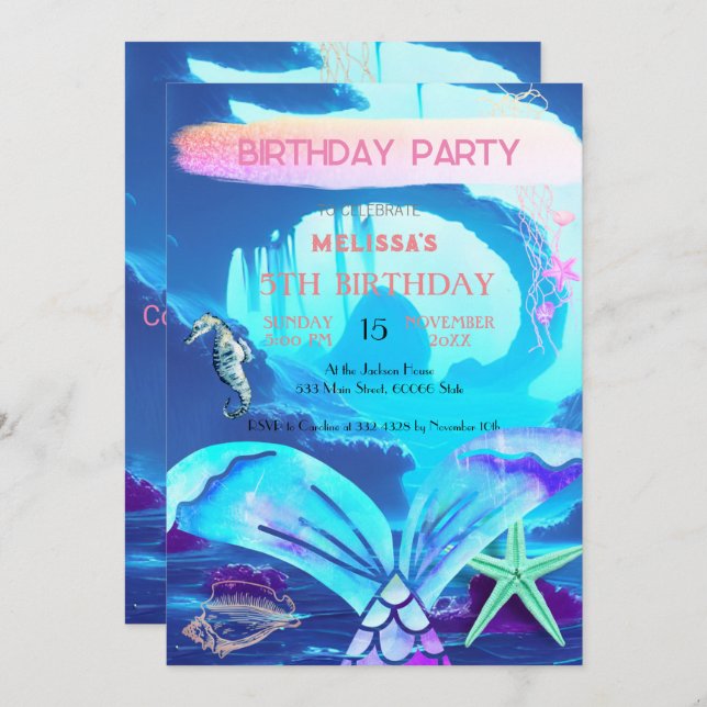Wasserfarbene Meerestiere Einladung zur Geburtstag (Vorne/Hinten)