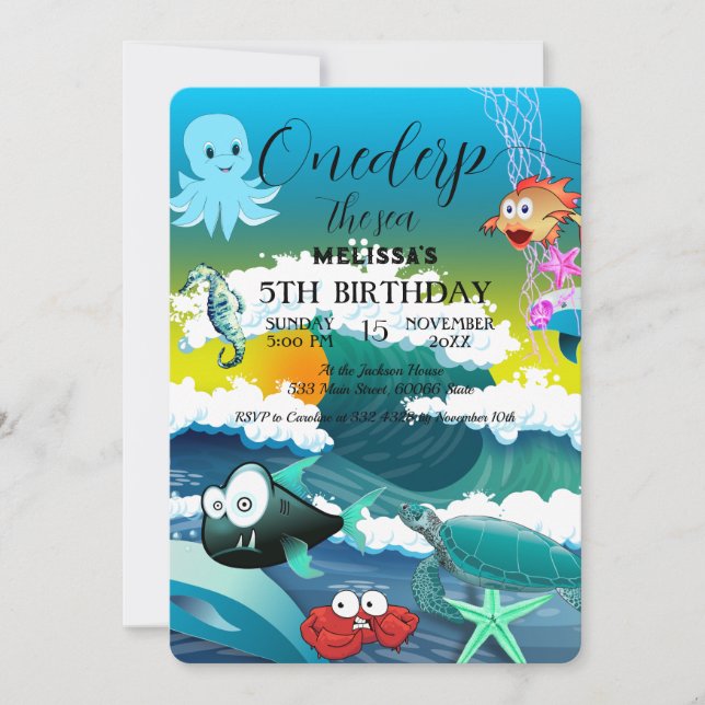 Wasserfarbene Meerestiere Einladung zur Geburtstag (Vorderseite)